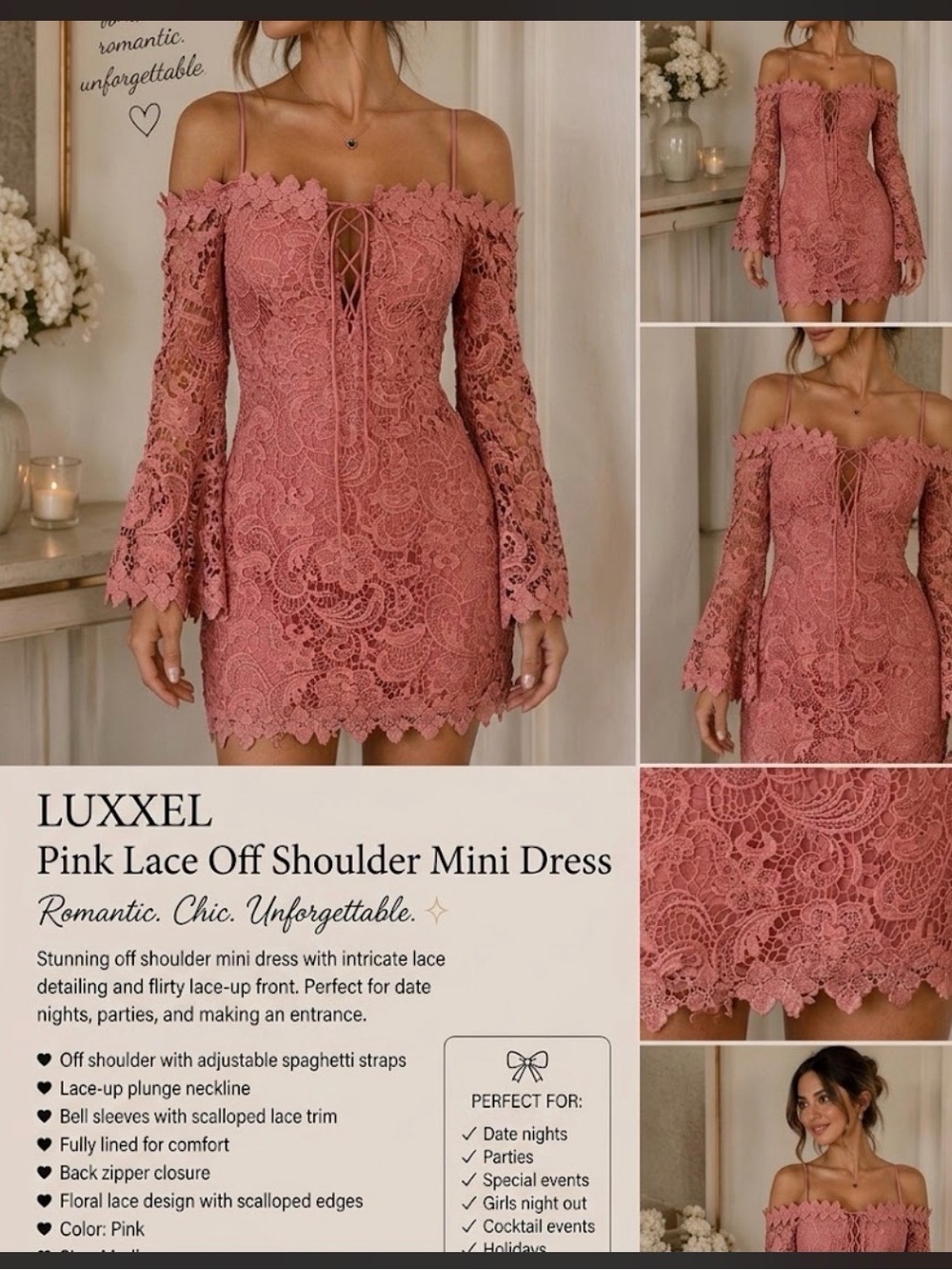 Luxxel Rose Lace Off-Shoulder Blouse with Spaghetti Straps